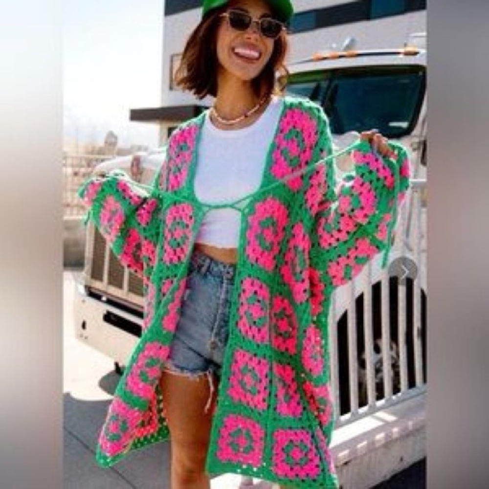 Dressed in LALA Pink and Green Bohemian Cardigan